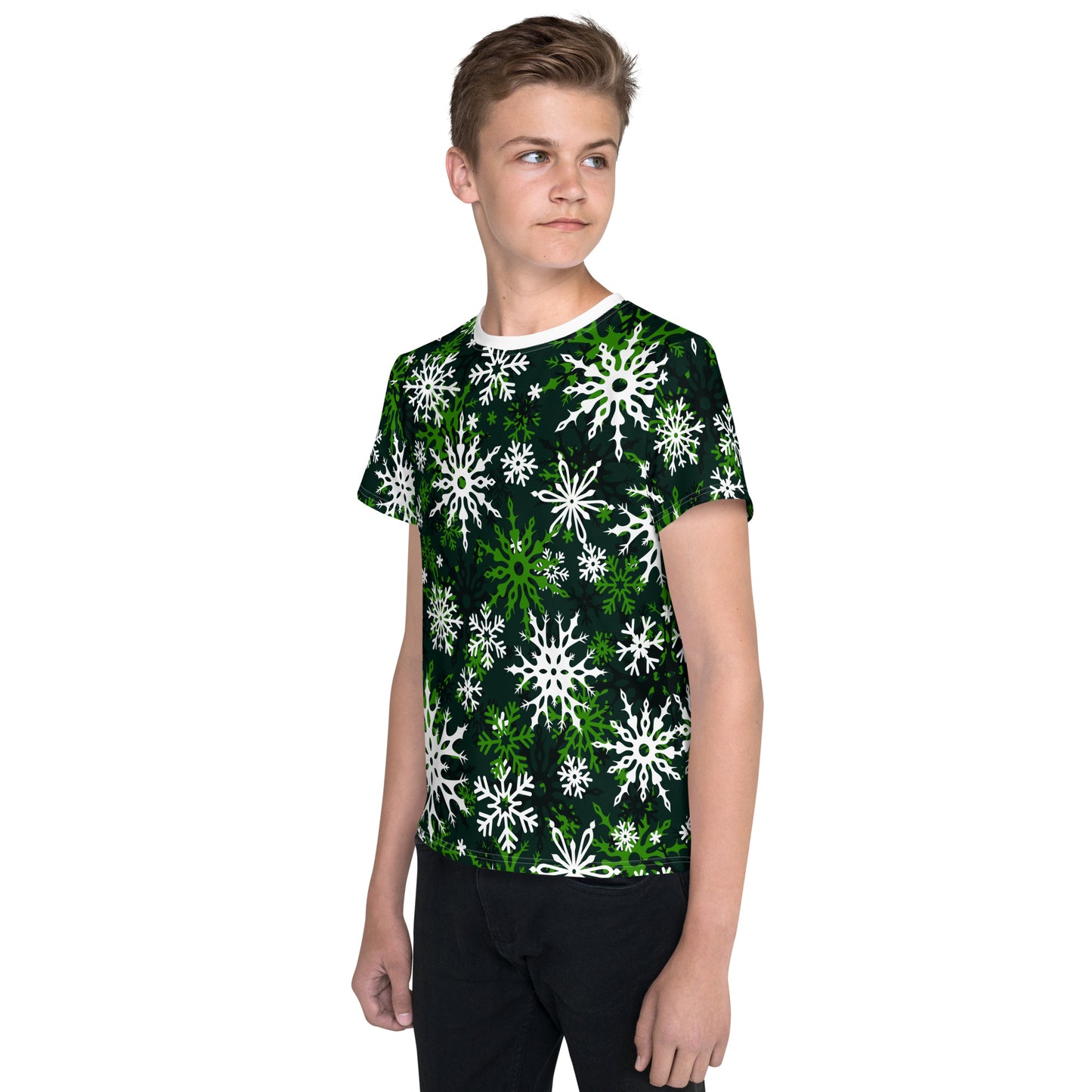 Youth's Christmas TShirt Green Snowflake Festive Oversized All-Over Print Unisex Kids T-Shirt
