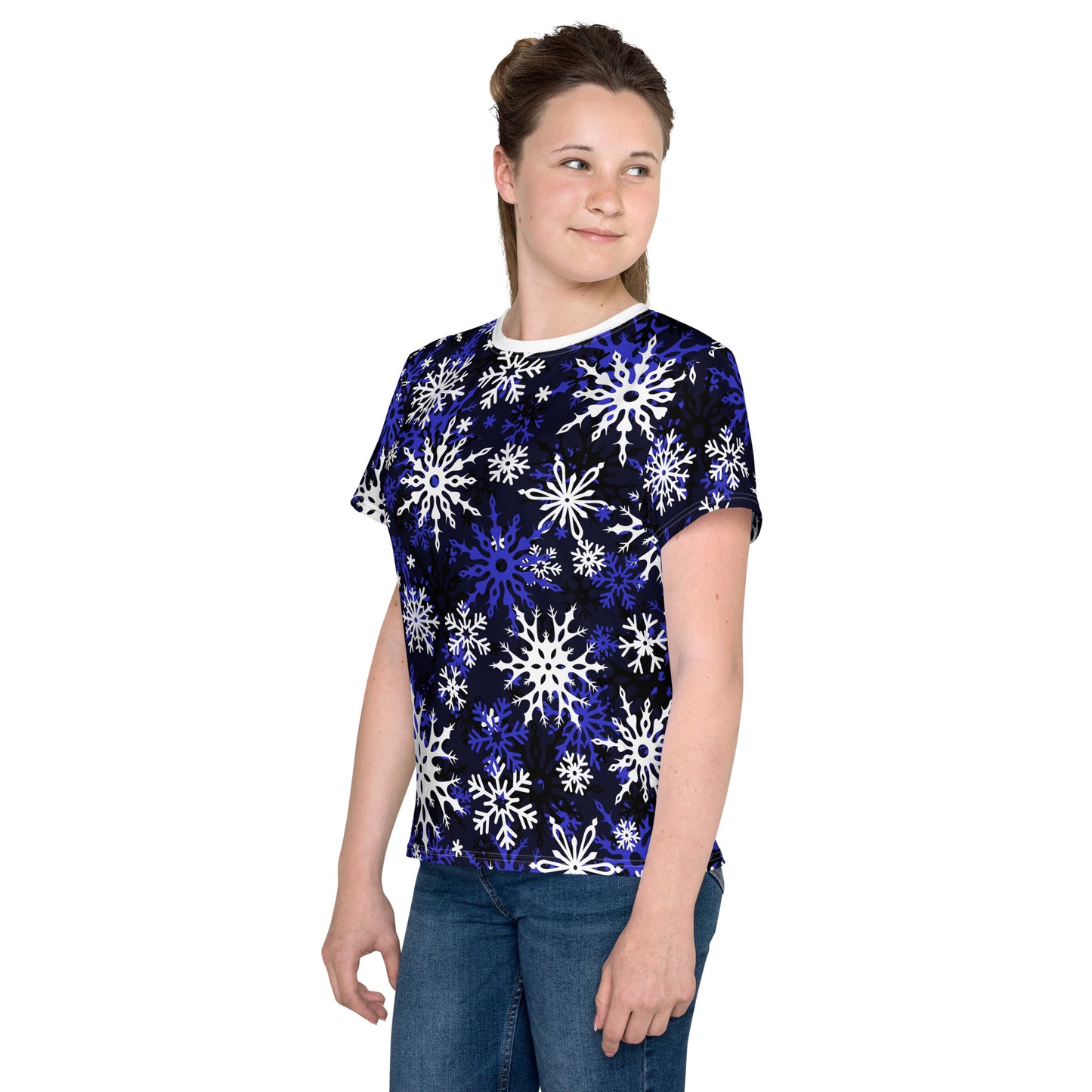 Youth's Christmas TShirt Blue Snowflake Festive Oversized All-Over Print Unisex Kids T-Shirt