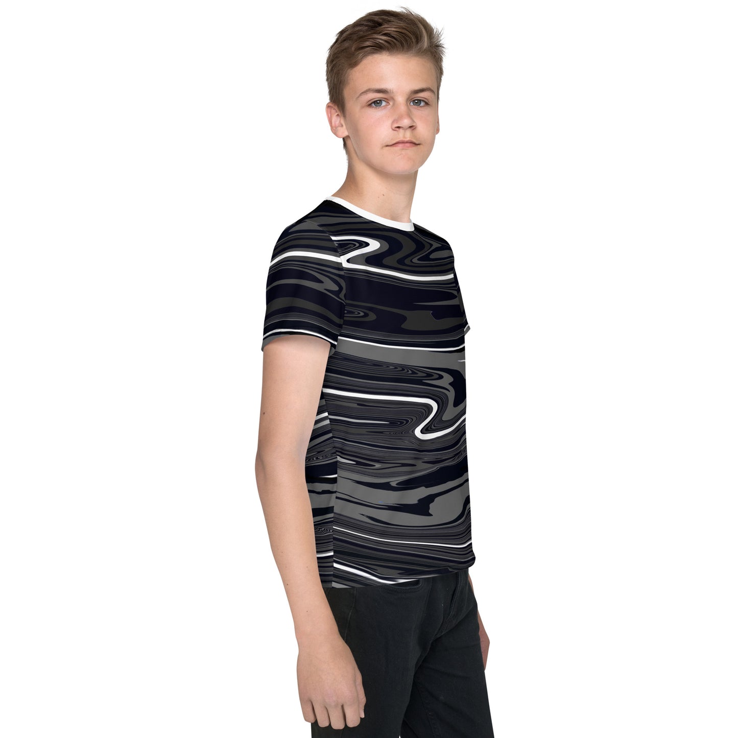 Grey Black Youth TShirt Monochromatic Abstract Striped All Over Print Youth Crew Neck T Shirt