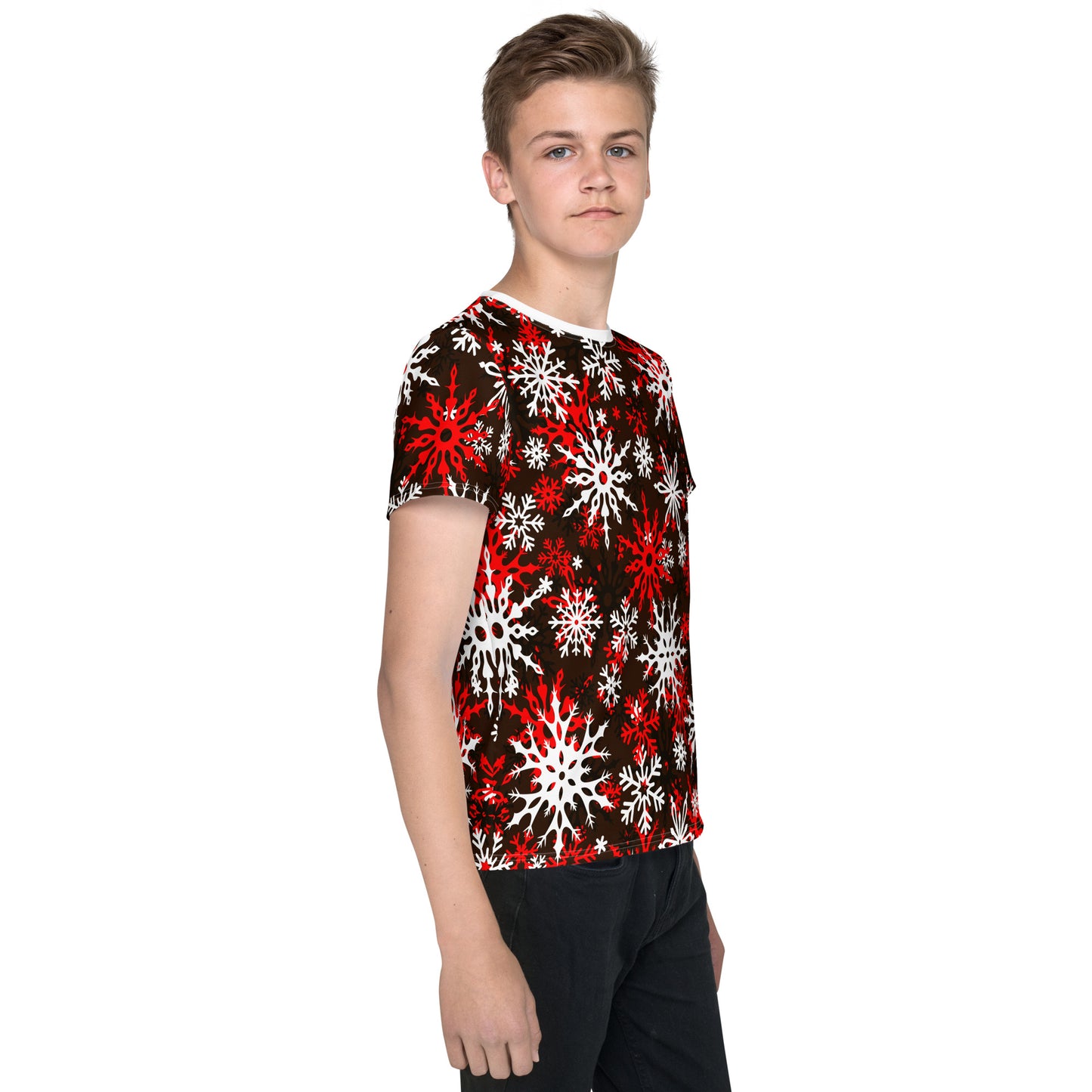 Youth's Christmas TShirt Red Snowflake Festive Oversized All-Over Print Unisex Kids T-Shirt