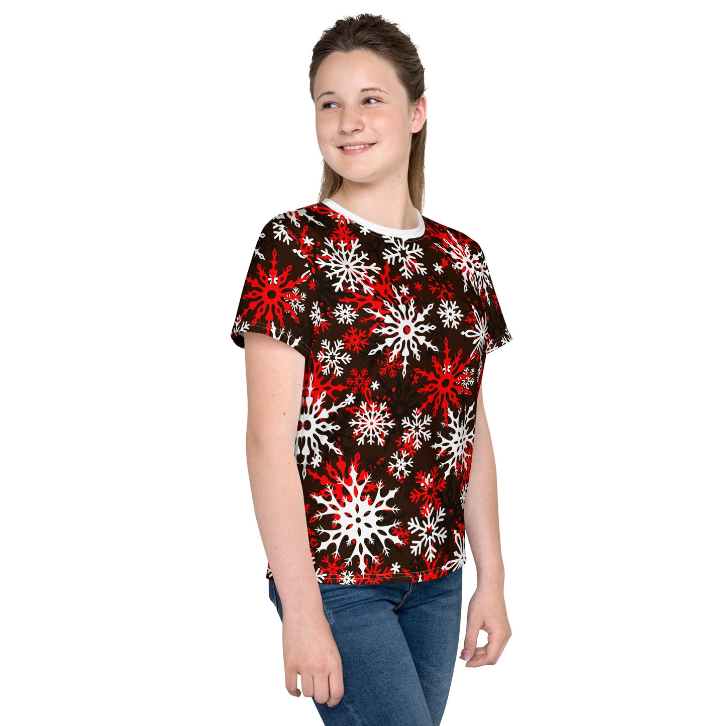 Youth's Christmas TShirt Red Snowflake Festive Oversized All-Over Print Unisex Kids T-Shirt