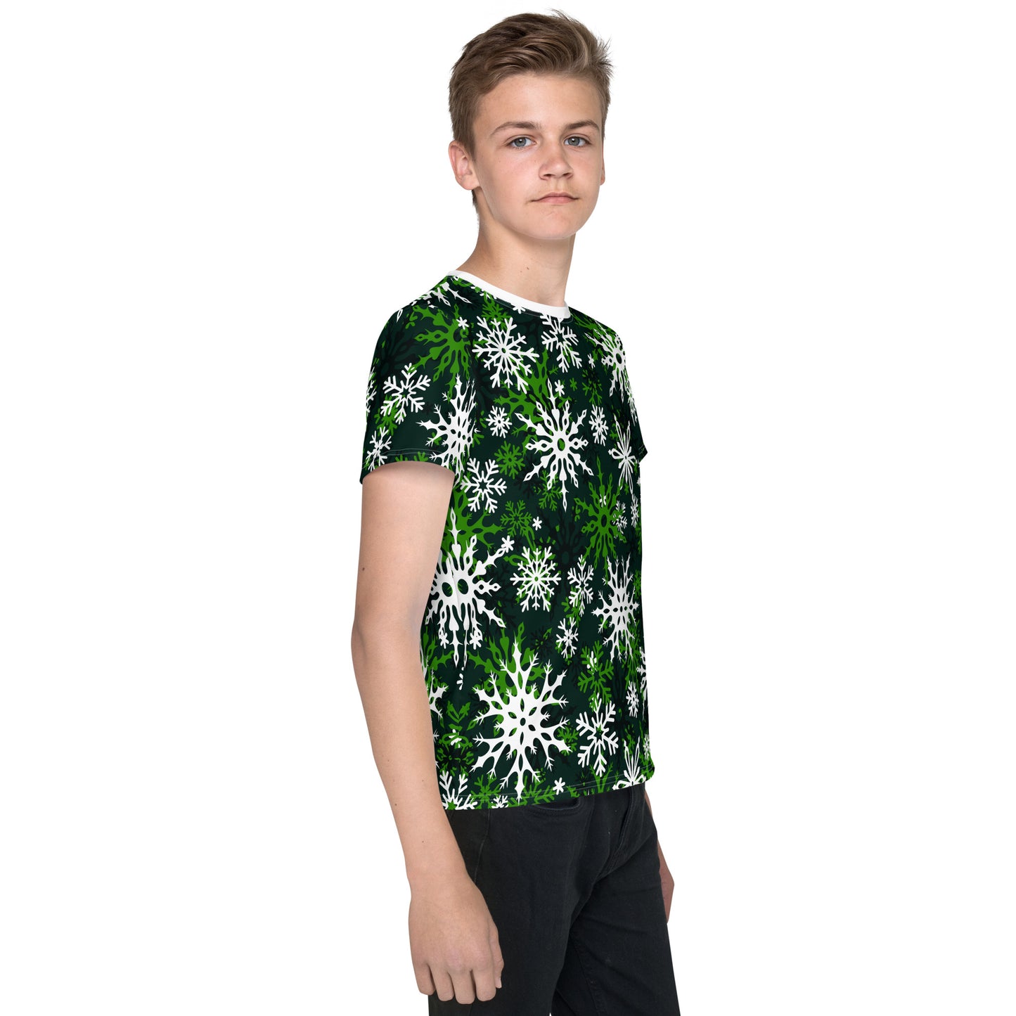 Youth's Christmas TShirt Green Snowflake Festive Oversized All-Over Print Unisex Kids T-Shirt