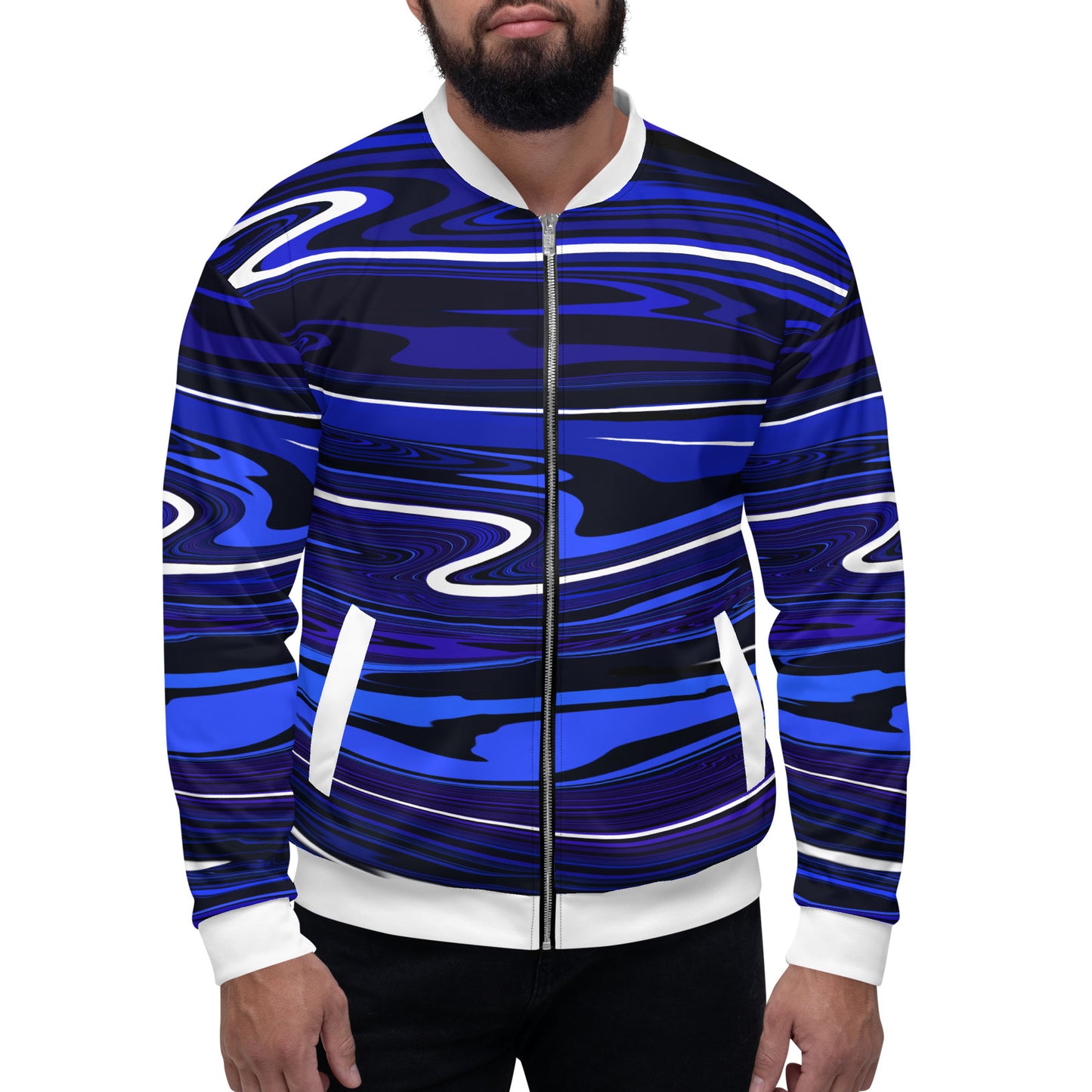 Blue Bomber Jacket Monochromatic Abstract Striped All-Over Print Unisex Jacket