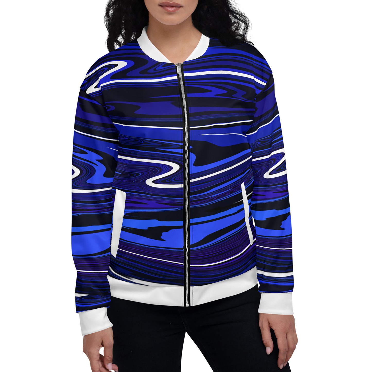 Blue Bomber Jacket Monochromatic Abstract Striped All-Over Print Unisex Jacket