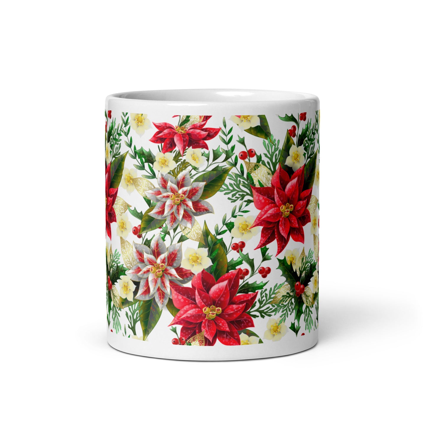 Christmas Gift Mug Poinsettia & Holly All-Over Print Glossy White Ceramic Mug