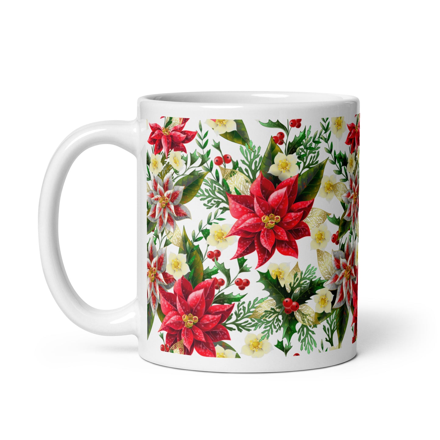 Christmas Gift Mug Poinsettia & Holly All-Over Print Glossy White Ceramic Mug
