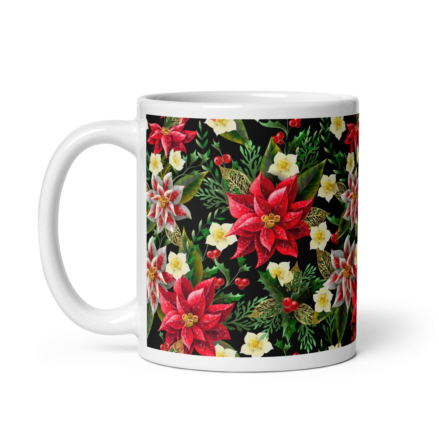 Christmas Gift Mug Poinsettia & Holly All-Over Print Glossy White Ceramic Mug