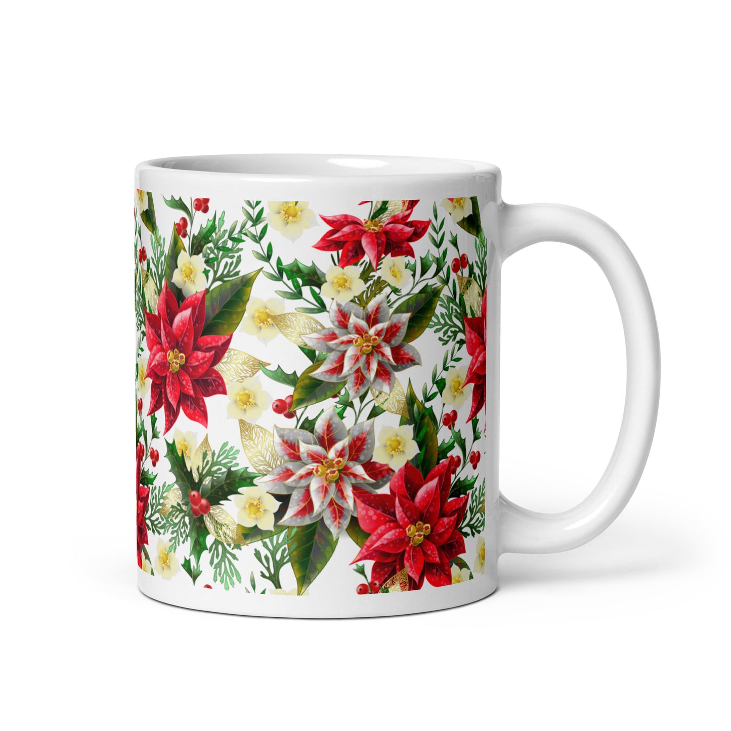 Christmas Gift Mug Poinsettia & Holly All-Over Print Glossy White Ceramic Mug
