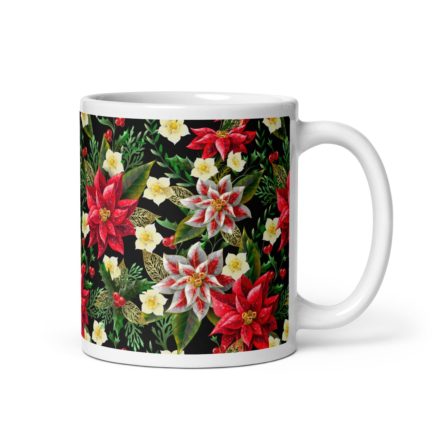Christmas Gift Mug Poinsettia & Holly All-Over Print Glossy White Ceramic Mug