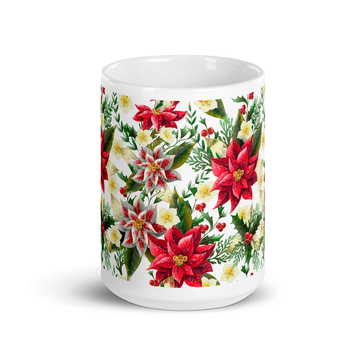 Christmas Gift Mug Poinsettia & Holly All-Over Print Glossy White Ceramic Mug