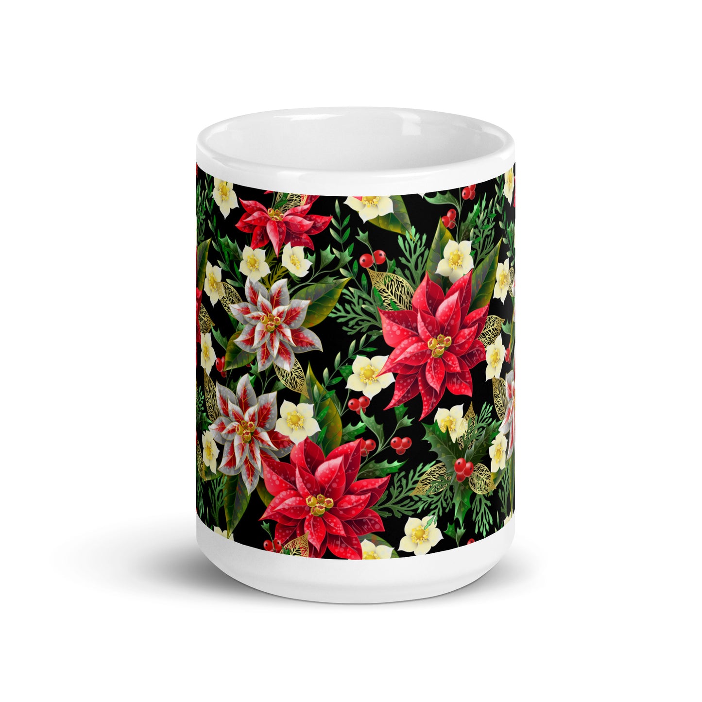 Christmas Gift Mug Poinsettia & Holly All-Over Print Glossy White Ceramic Mug