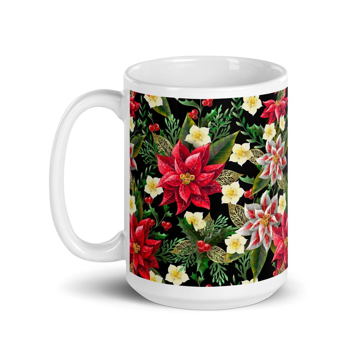 Christmas Gift Mug Poinsettia & Holly All-Over Print Glossy White Ceramic Mug