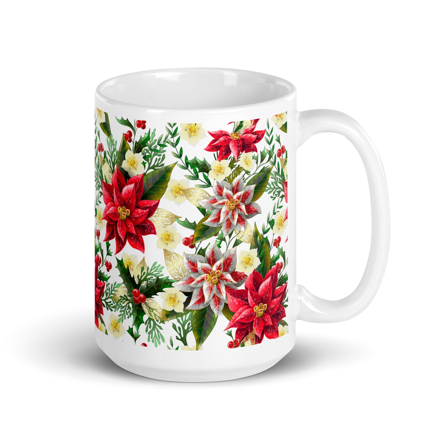 Christmas Gift Mug Poinsettia & Holly All-Over Print Glossy White Ceramic Mug