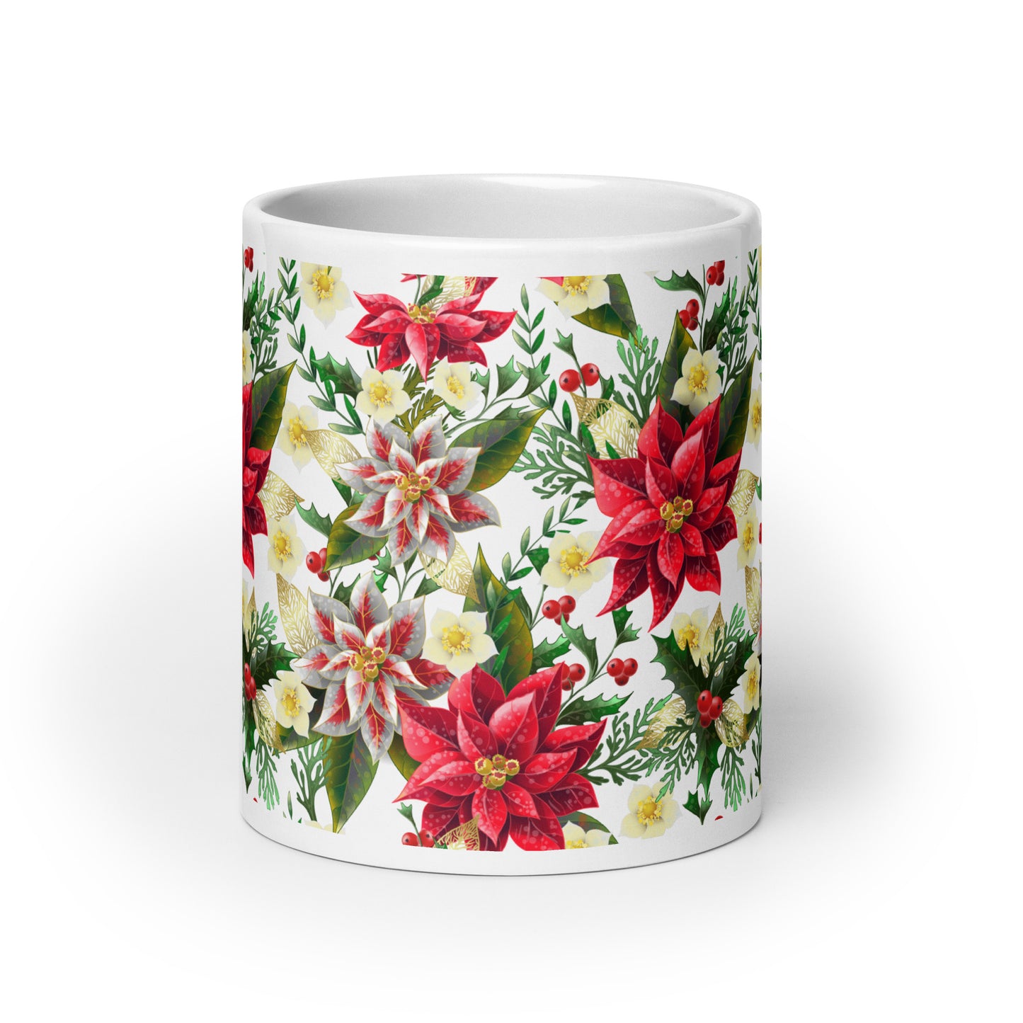 Christmas Gift Mug Poinsettia & Holly All-Over Print Glossy White Ceramic Mug