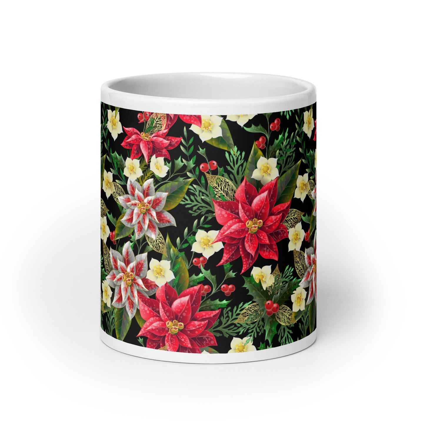 Christmas Gift Mug Poinsettia & Holly All-Over Print Glossy White Ceramic Mug