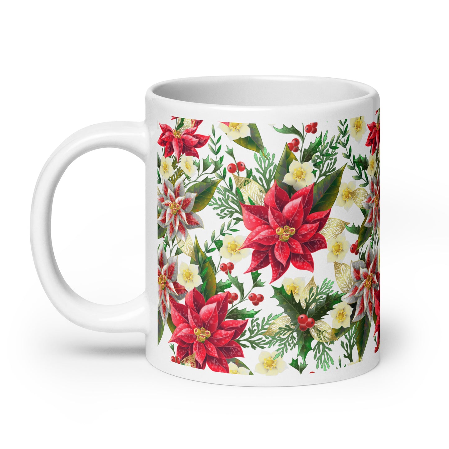Christmas Gift Mug Poinsettia & Holly All-Over Print Glossy White Ceramic Mug