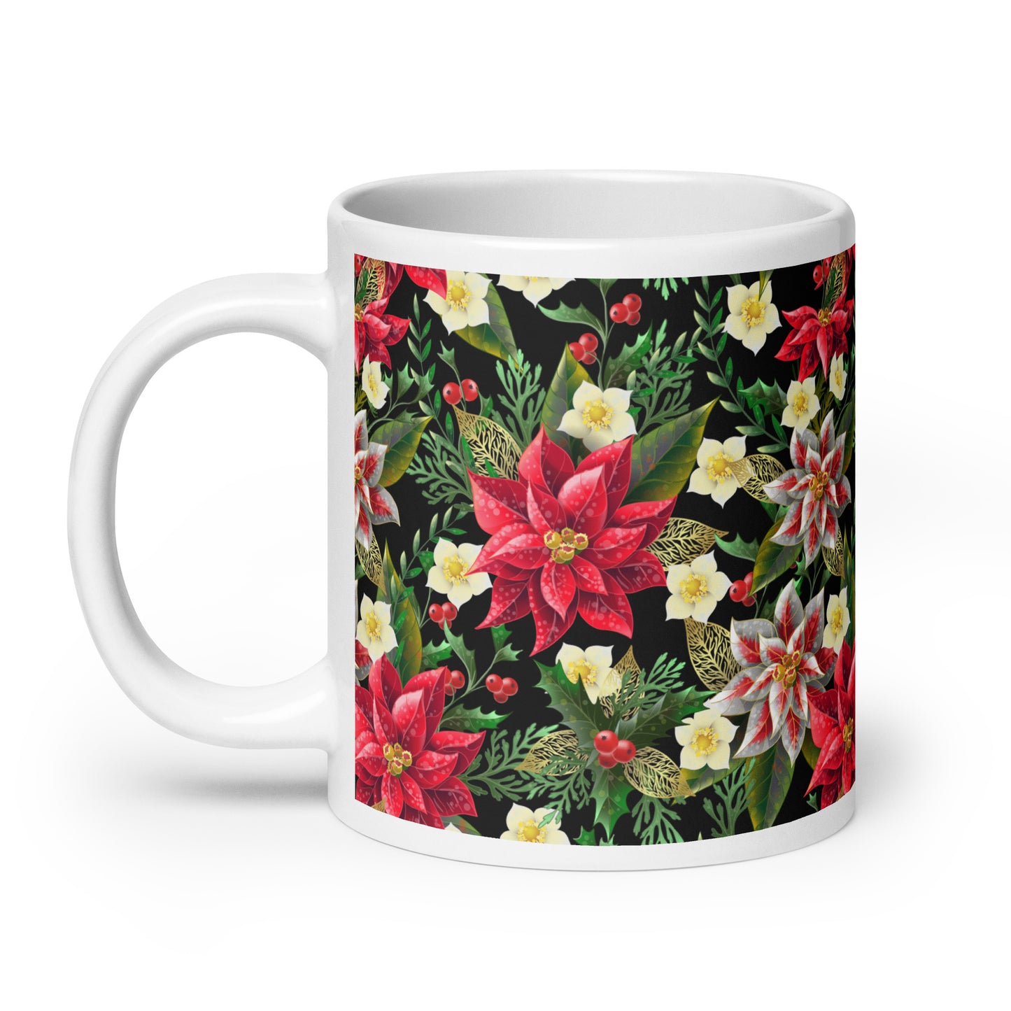 Christmas Gift Mug Poinsettia & Holly All-Over Print Glossy White Ceramic Mug