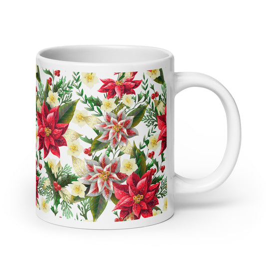 Christmas Gift Mug Poinsettia & Holly All-Over Print Glossy White Ceramic Mug
