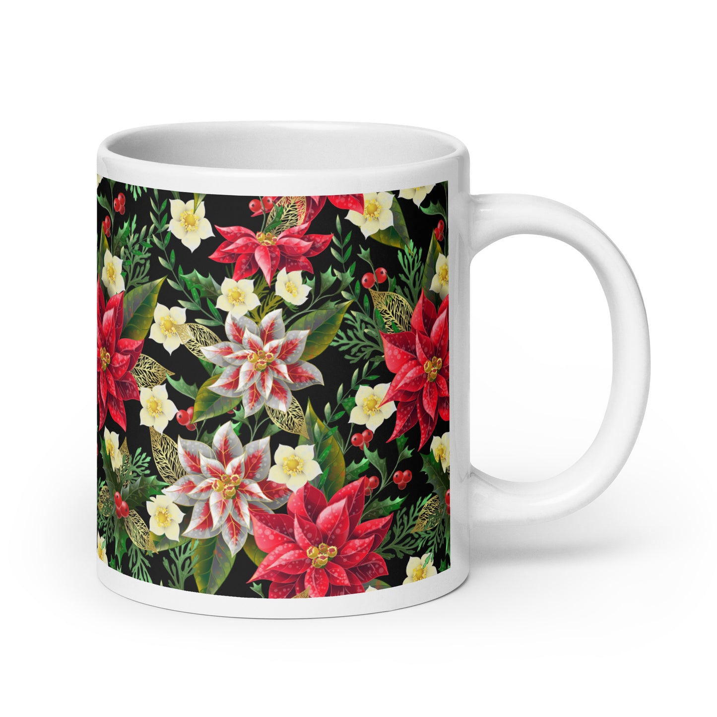 Christmas Gift Mug Poinsettia & Holly All-Over Print Glossy White Ceramic Mug
